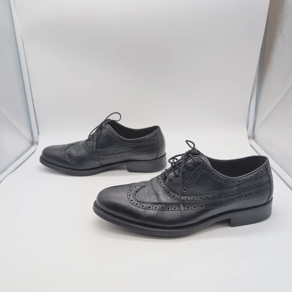 Johnston And Murphy Sz 9.5 Black Sheepskin Leather Duvall Oxford Wingtip Shoes